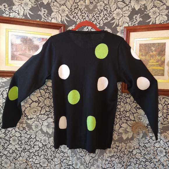 Quacker Factory black cardigan green and white polka dot sequins 100% cotton - Picture 4 of 8